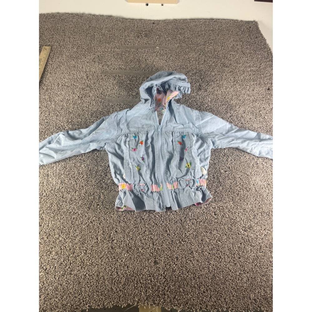 Izzi's Kids Vintage Blue Embroidered Floral Hooded Jacket Gingham Ruffle 6X